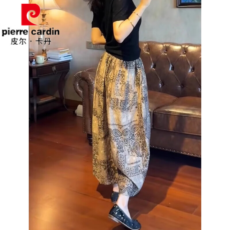 皮尔卡丹复古印花防晒阔腿裤子女夏季薄款宽松显瘦大码休闲八分直筒灯笼裤 印花裤 XL 【121-140斤】