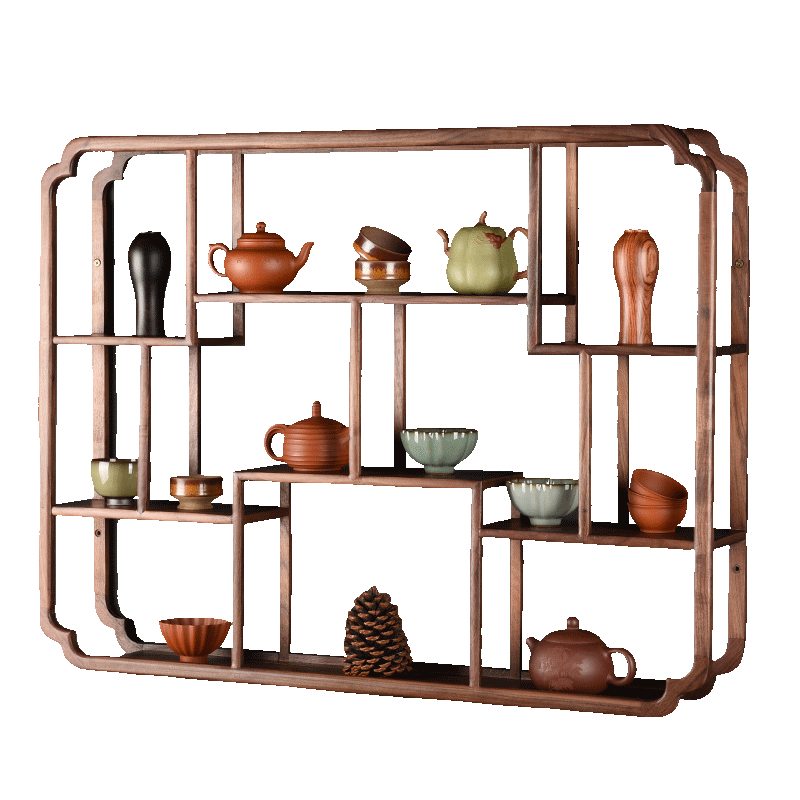 錦格新款胡桃木茶壺架掛墻多寶閣茶杯擺件中式茶具上置物架實(shí)木博古架 胡桃木掛墻長(zhǎng)方形博古架（大號(hào)）