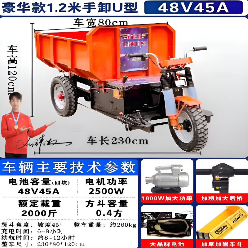 胜鑫惠电动灰斗车工程三轮车翻斗车 农用养殖拉粪混凝土水泥自卸大骑兵 1.2米大骑兵60V45A（手动升降）