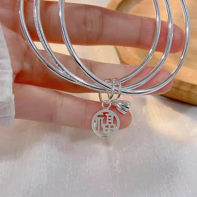 三生三世足银9999手镯年轻款纯银实心素圈镯子送女友闺蜜礼物 三生三世莲莲福牌银手镯 圈口#56MM丨25丨证书丨礼盒