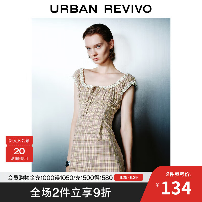 UR2025夏季新款女复古格纹拼接蕾丝花边系带连衣裙UYY750080 绿色格子 S