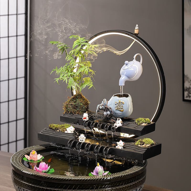 时鸟陶瓷流水摆件循环水鱼缸增氧过滤器摆件室内喷泉瀑布家用造景配件 单层小号财福双收【带水泵】