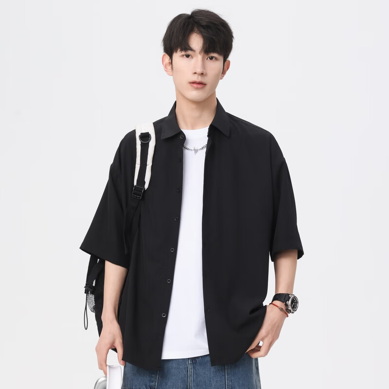 LOMBT纯色短袖衬衫男夏季凉感宽松百搭日系高级感上衣外套LC03黑色3XL