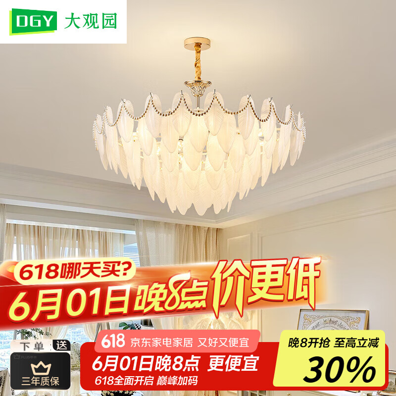 大觀園（DGY）客廳燈輕奢風(fēng)吊燈照明網(wǎng)紅羽毛室內(nèi)金屬臥室燈具O535 95cm(五層)-三色變光105W-全光譜