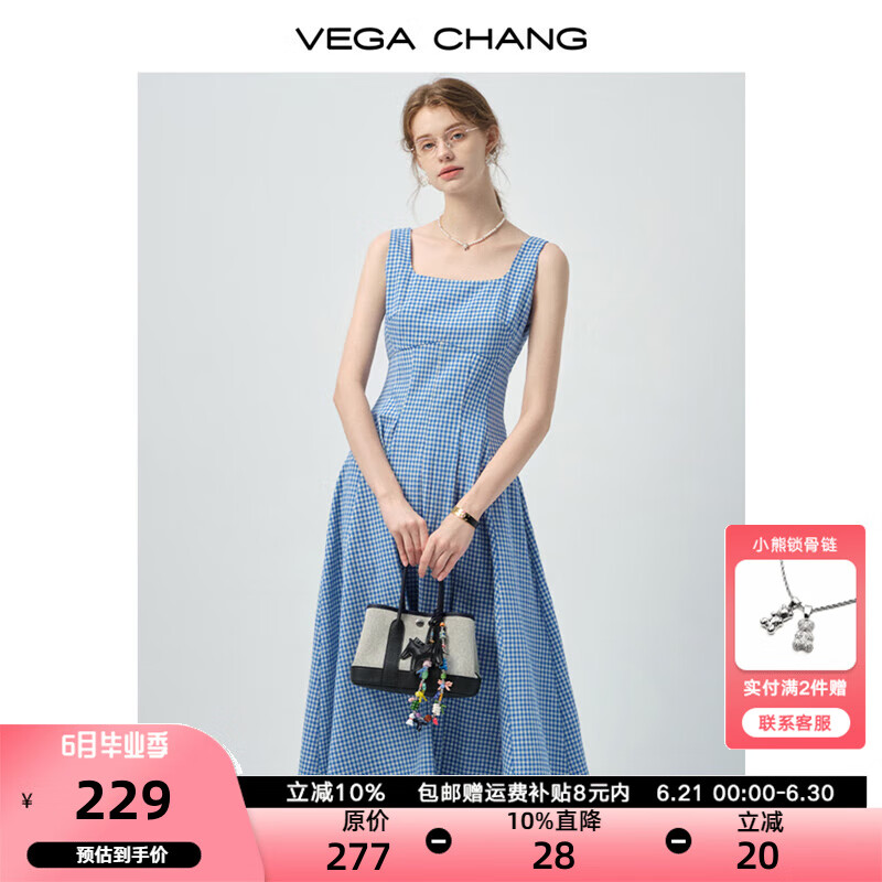 VEGA CHANG吊带连衣裙女2025年新款夏季法式方领气质格纹拼接长裙 蓝白格子 M
