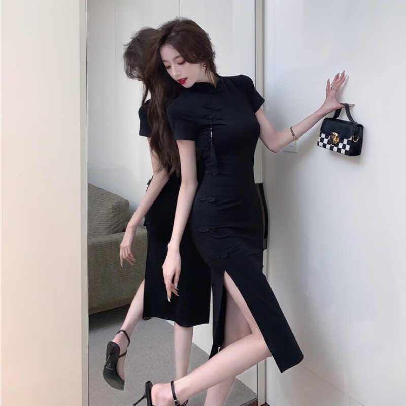 【优选】新中式黑色连衣裙女夏季复古盘扣改良旗袍设计感收腰开叉 黑色 S