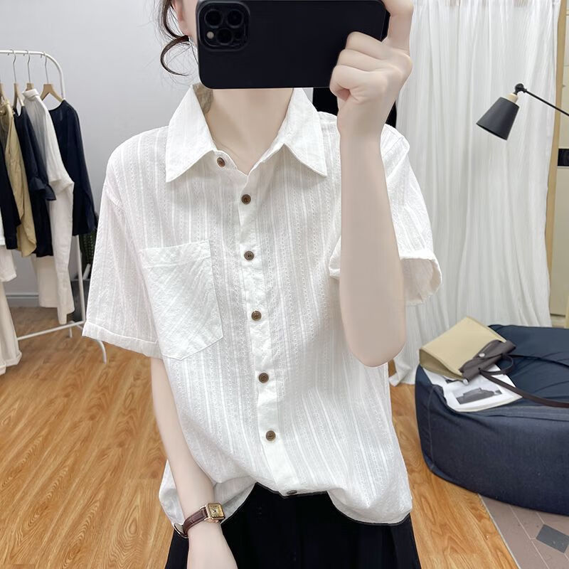 潮梦城短袖衬衫女提花POLO领衬衫女短袖夏季新款口袋单排扣上衣显瘦百搭 白色 S  