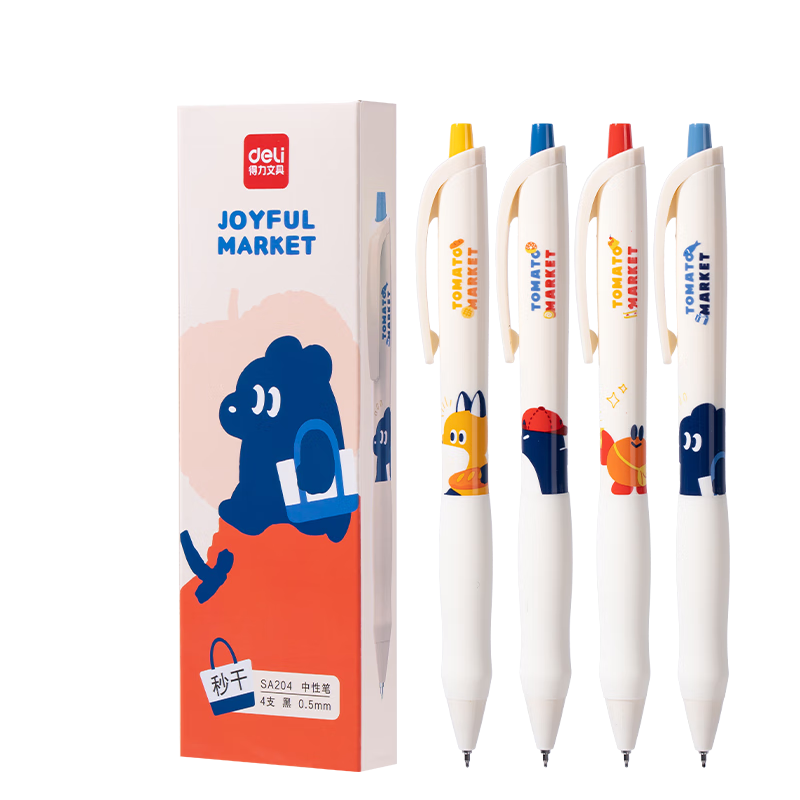 得力（deli）精美日系插画秒干按动中性笔 0.5mmST笔头学生刷题笔考试笔 黑色4支/盒SA204