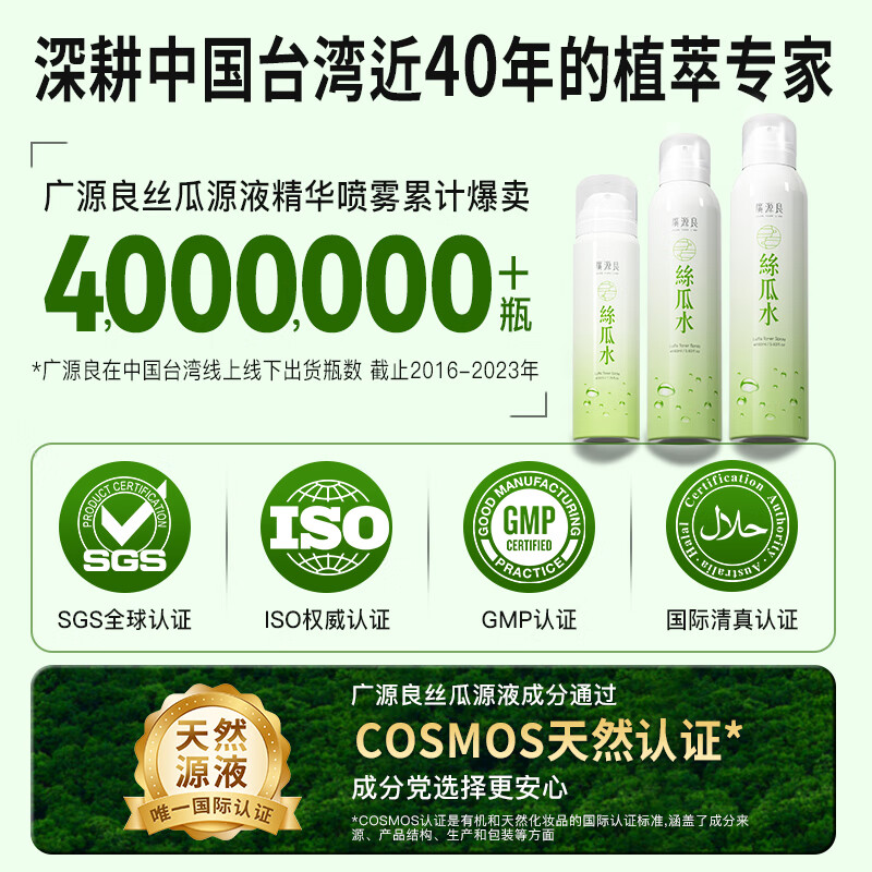 廣源良天罗丝瓜水 男女士补水保湿喷雾 化妆爽肤水 湿敷精华水护肤品 【旅行便携】50ml*4瓶 含赠