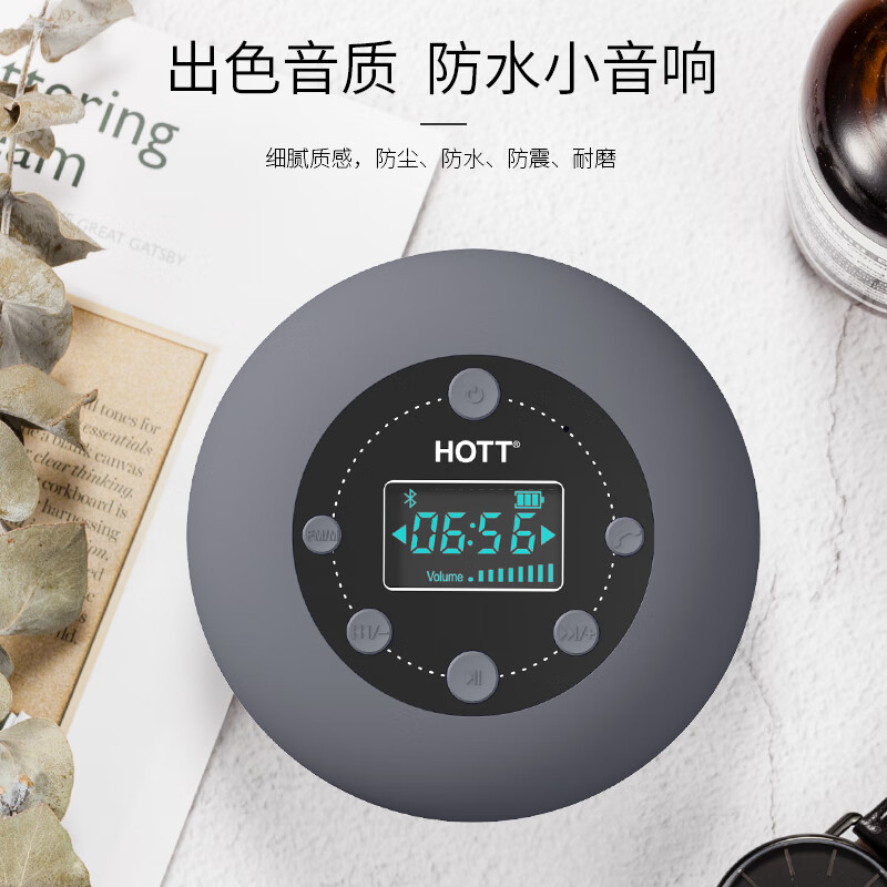 HOTTS602防水蓝牙音箱吸盘浴室家用便捷式小型迷米你低音炮支持FM收音机TF内存卡带显示高音质音响 灰色-高保真音质