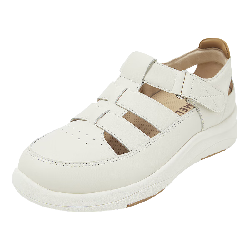 康莉涼鞋女2025夏季新款牛皮復(fù)古軟底休閑涼鞋豬籠鞋鏤空包頭涼鞋 米白色 34 (220mm)