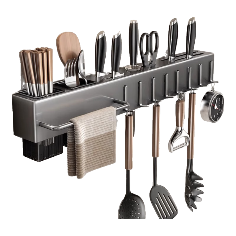 刀架壁挂式免打孔厨房用品多功能菜刀置物架刀具筷子筒一体收纳架 【优雅黑】60CM 三筷筒+10挂钩