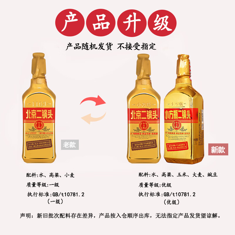 出口小方瓶牌 北京二锅头 金方清香型白酒 自饮纯粮食口粮酒 46度 500mL 6瓶 经典金方整箱装