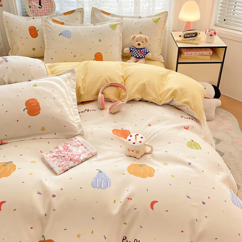 软贝小清新四件套 透气亲肤印花卡通简约田园风被套床单款套件 南瓜园 2.0m 床单款 四件套（被套200*230cm）