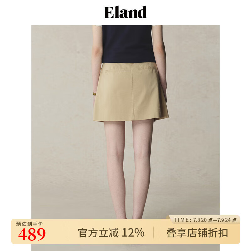 ELAND【長(zhǎng)絨棉】衣戀半身裙女內(nèi)襯連腰設(shè)計(jì)百褶短裙2025夏季新款 卡其色(35)Beige L