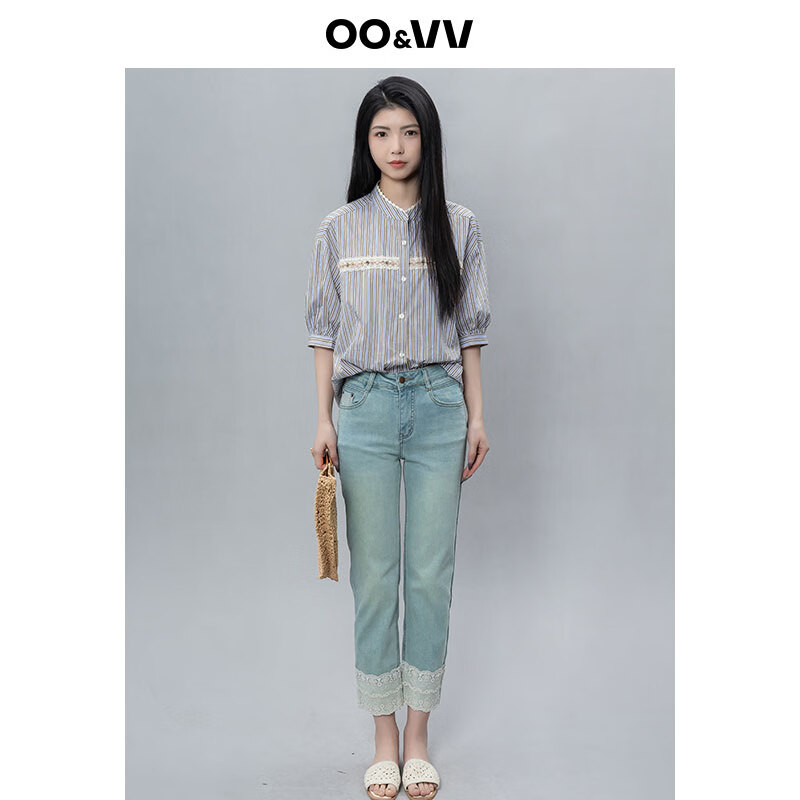 OO&VV复古港风高腰显瘦蕾丝拼接牛仔裤女2025夏新款直筒九分裤子 复古蓝 XL