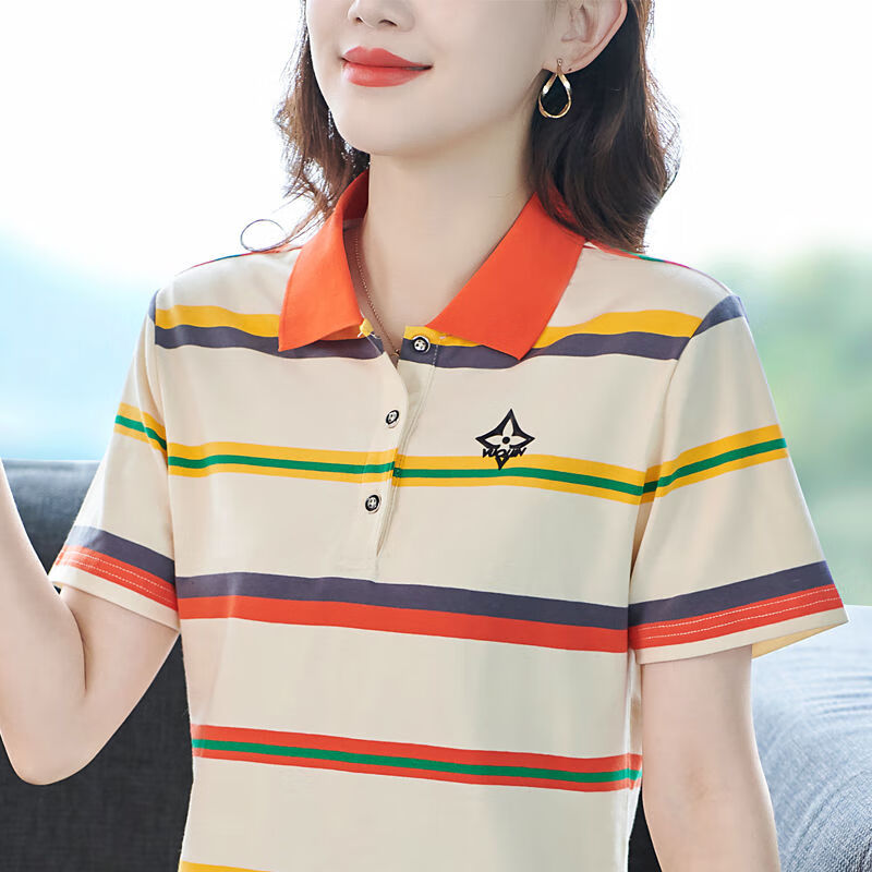 夏天的上衣中袖带领t恤女短袖t恤女翻领polo衫夏装宽松新款 杏色彩条