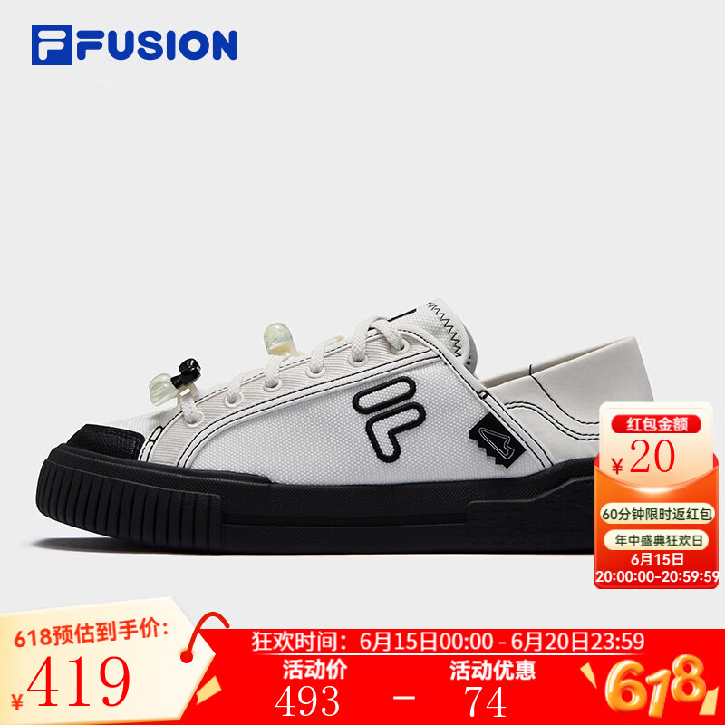 FILA FUSION斐乐潮牌女鞋一脚蹬半拖帆布鞋夏季板鞋穆勒鞋运动鞋 雪白/黑-SB 36.5