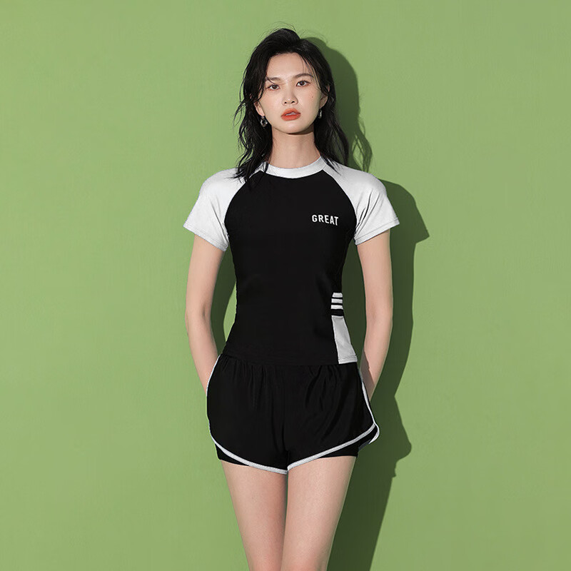 东方骆驼游泳衣女保守分体式两件套遮肚显瘦2025新款学生上课高级感泡温泉 黑搭蓝 S 建议体重70-90斤