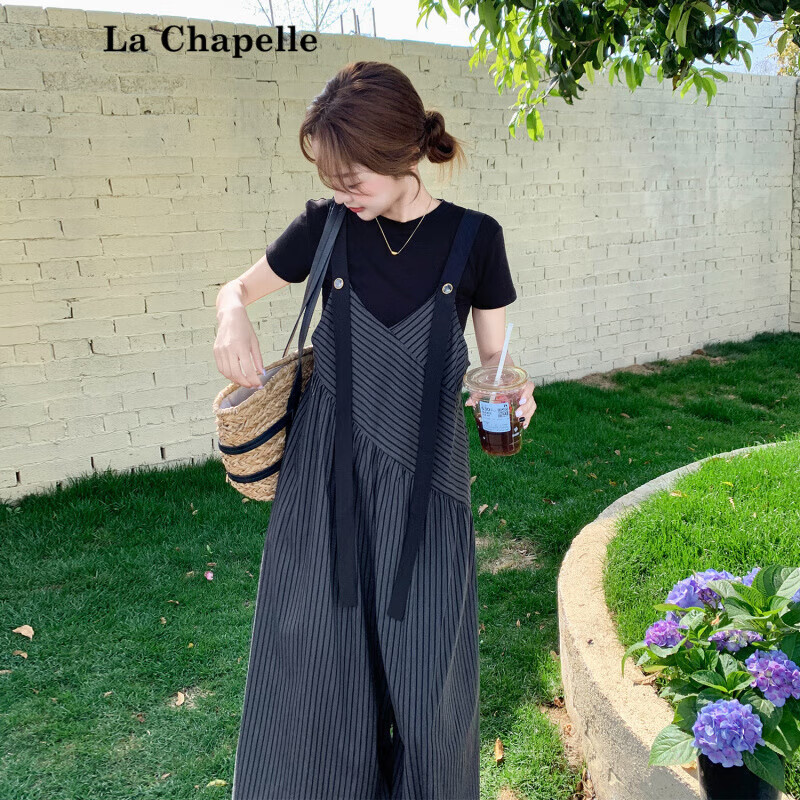 拉夏貝爾（La Chapelle）小眾設(shè)計(jì)感條紋設(shè)計(jì)感背帶褲闊腿褲女2025夏新款純色短袖上衣套裝 灰色條紋 L
