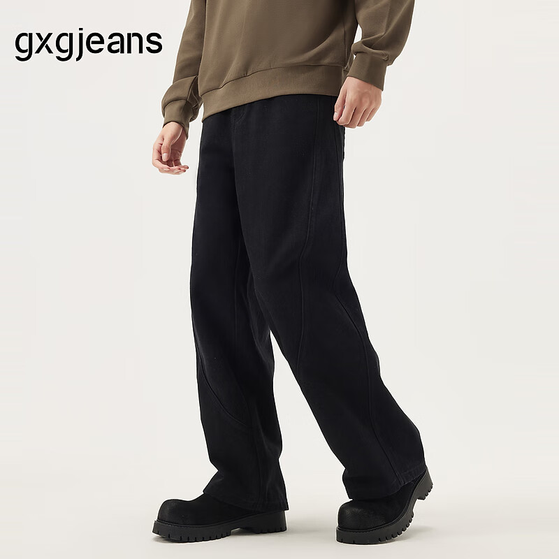 gxgjeans男装 黑色简约潮流宽松直筒牛仔长裤休闲裤男 25秋新品 黑色 L (175) -31码
