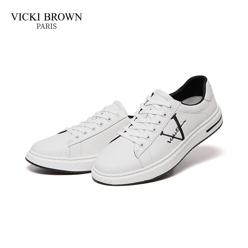未毕（VICKI BROWN）法国品牌VB男鞋【冠军系列】简约潮流板鞋轻奢刺绣舒适防滑休闲鞋 白黑色 41