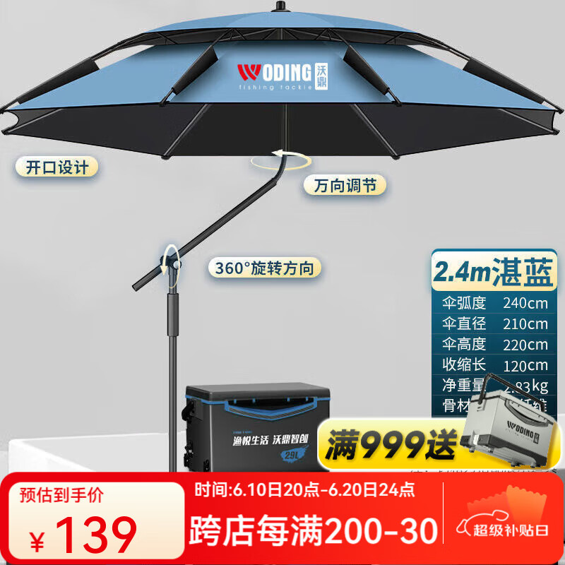 沃鼎2025新款加厚防雨防曬大釣傘戶(hù)外遮陽(yáng)專(zhuān)用釣傘雨傘新型拐杖釣魚(yú)傘 2.4米 【雙360調(diào)節(jié) 防暴風(fēng)雨】湛