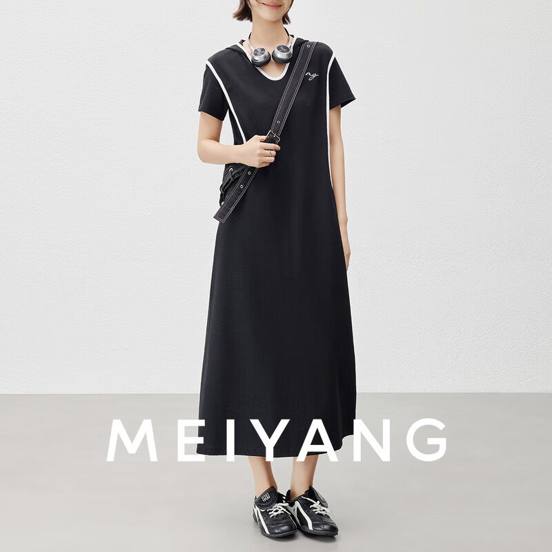 美洋（MEIYANG）描边连衣裙 拉架提花螺纹撞色宽松连帽短袖长裙 黑色 M