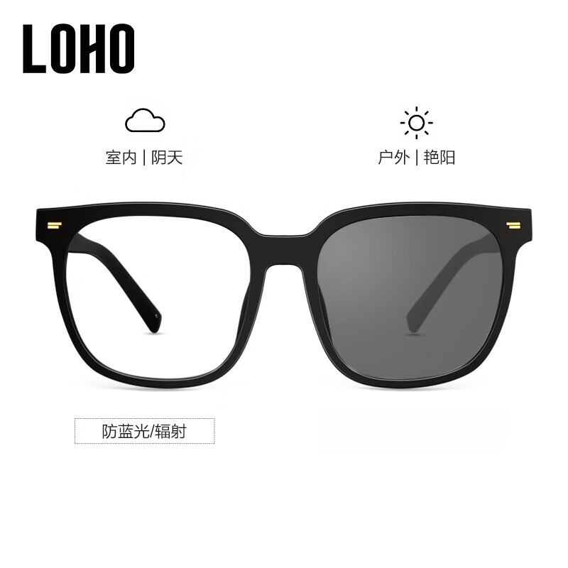 眼鏡生活（LOHO）自動感光變色防藍光墨鏡女可配有度數(shù)帶太陽眼鏡雙十一 黑色大框+變灰片 【變色鏡片】配1.56防藍光變色鏡