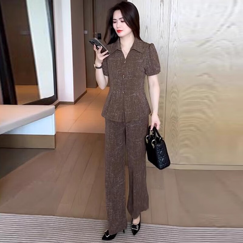 丽依歆时尚套装女2026年夏季新款时髦洋气显瘦减龄短袖上衣阔腿裤两件套 咖色 BBL816 L 【105-115斤】