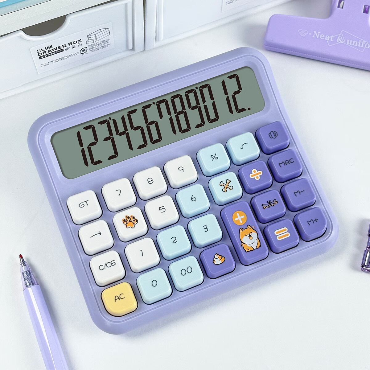 伊达时12位数字显示语音计算器卡通渐变色多巴胺撞色女神可爱高颜值网红款学生用财务会计办公商用 Q16（柴犬紫语音型）