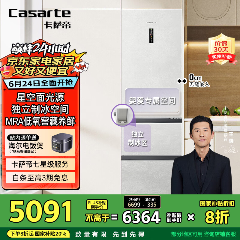 卡萨帝（Casarte）揽光冰箱星空版406L超薄零嵌入式三开门租房小型一级能效家用国家补贴20%冰箱BCD-406WLCD3M4GDU1