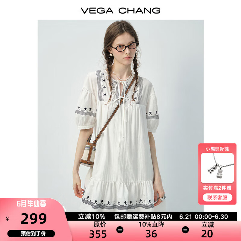 VEGA CHANG短袖连衣裙女2025新款夏季学院风系带刺绣泡泡袖蛋糕裙 栀子白 M