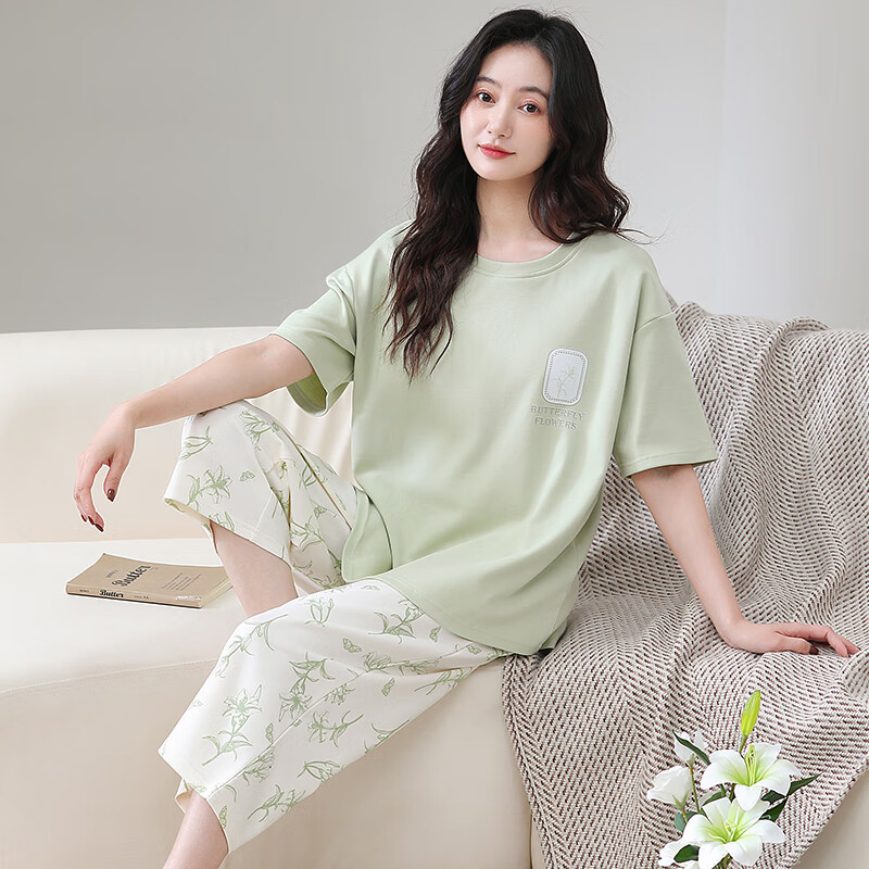 莫代尔棉面料睡衣女士2026新款夏季短袖七分裤女士夏款清爽家居服女夏天 56701清新绿英文 莫代尔面料 L 95-115斤