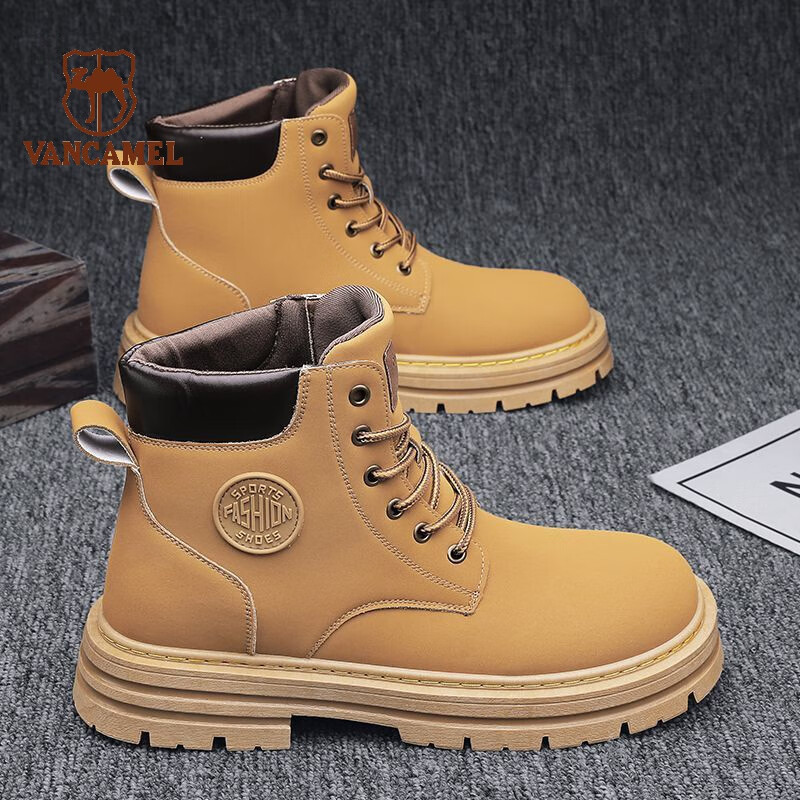 品牌男士工装鞋马丁靴夏季黄色厚底皮靴踢不烂大黄靴机车短靴 m1黄色