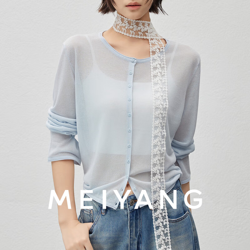 美洋（MEIYANG）清水开衫 30支单汇丝麻_卷边圆领微透长袖上衣 浅蓝色 M