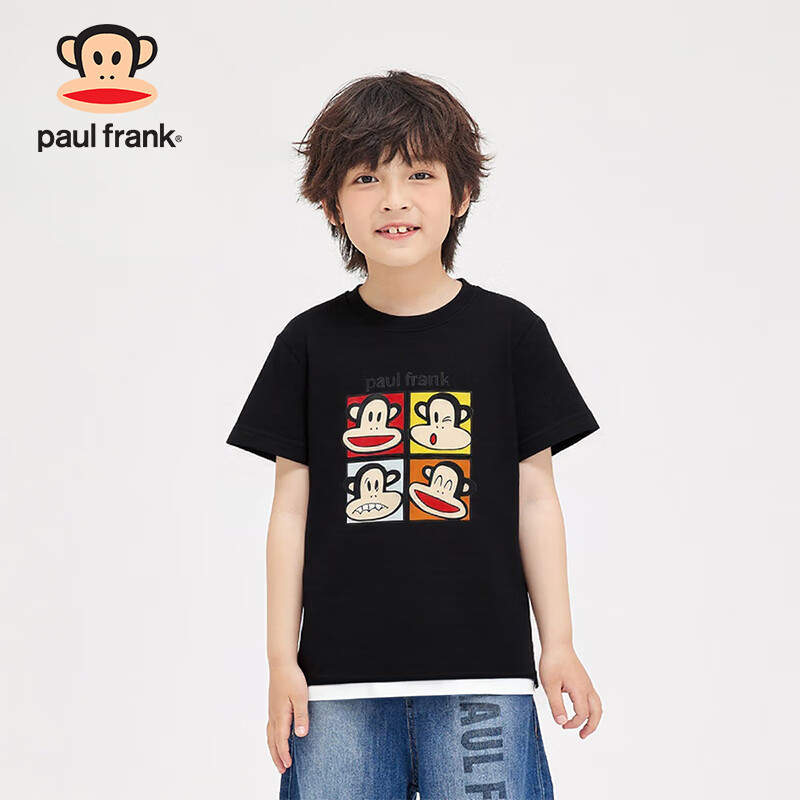 大嘴猴（paul frank）童装儿童T恤2025夏季新款舒适透气男女童潮流下摆拼接中大童上衣 黑色 110