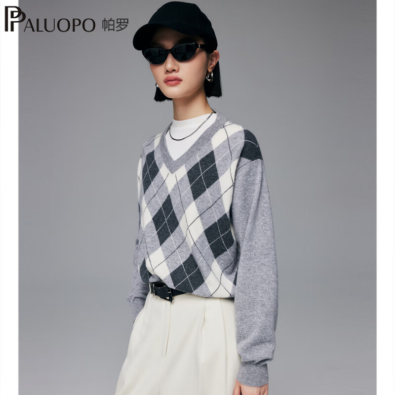 帕罗(PALUOPO)复古菱格提花2025秋冬新款100%纯山羊绒衫女保暖V领针织毛衣 浅灰 M 160/100