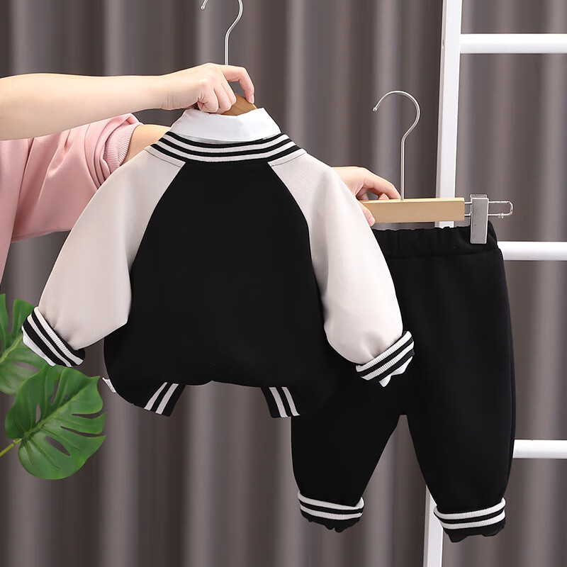 G.duck小黄鸭男童套装春秋装26新款三件套婴儿童宝宝衣服小童休闲装韩版 领带棒球服三件套   黑色 80 码建议身高70-80cm