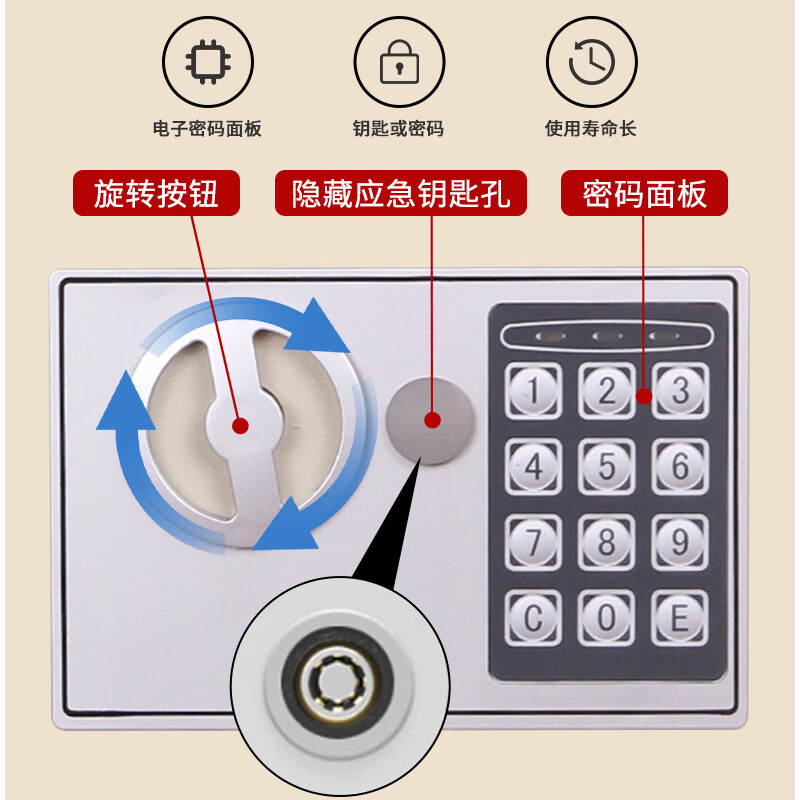 保险箱全钢防盗柜保险柜公司财务防盗密码钥匙锁小中大金属收纳箱 【钥匙密码锁】黑色20ES[20*31*20cm]