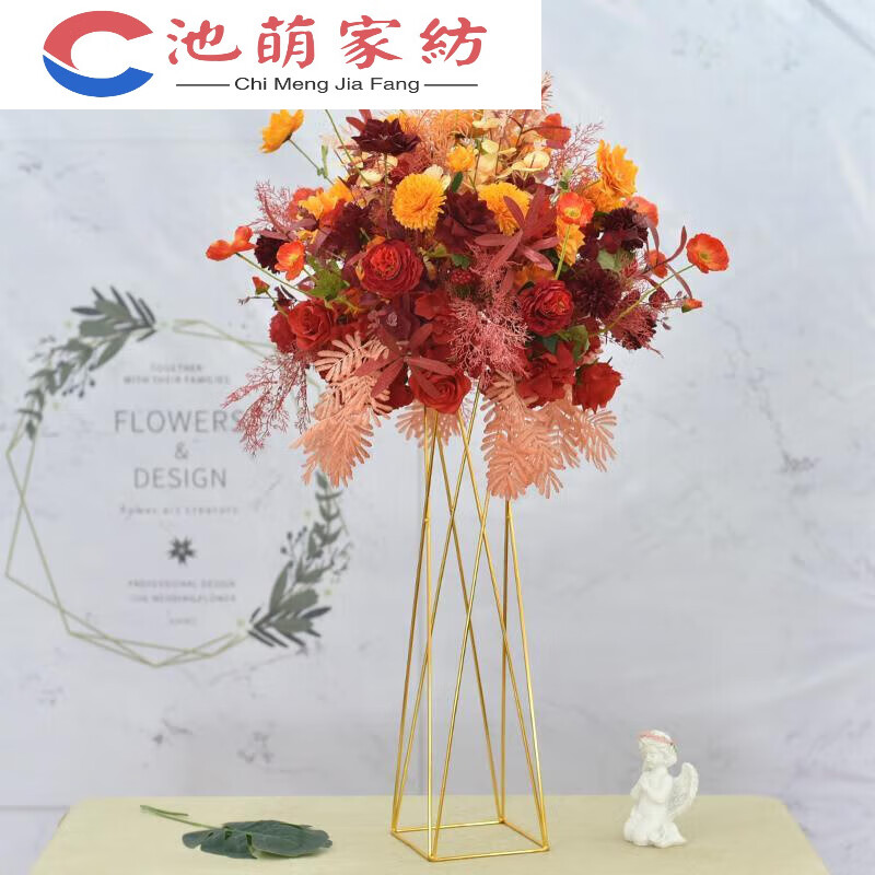 婚慶輕奢鐵藝花器蠻腰路引婚禮桌花擺件T臺商場櫥窗KTV布置道具 橘紅色 路引花帶支架