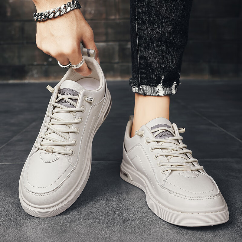 西域骆驼（VANCAMEL）男鞋秋季英伦商务休闲皮鞋子男士免系带软底百搭运动板鞋子男板鞋 【官方正品 品质保证】白色配色 43