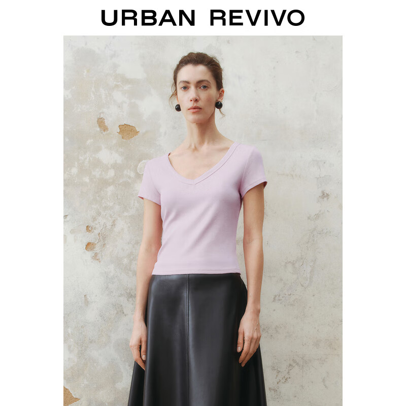 UR2025春季新款女时尚基础纯色修身短款V领短袖T恤UWB450004 丁香紫 M
