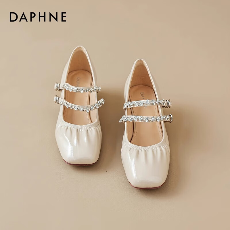 达芙妮银色单鞋女新品2026春夏爆款软底芭蕾舞鞋法式浅口玛丽珍女鞋ZJ 米白色双带【4cm粗跟】 37