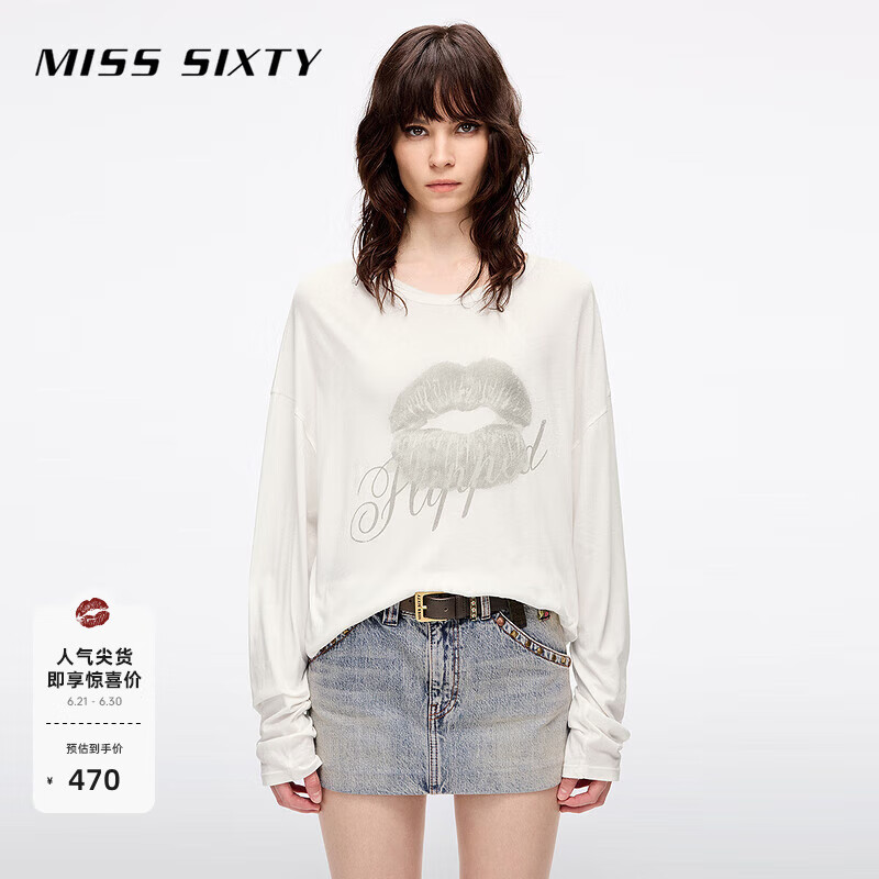 MISS SIXTY2025夏季新款长袖T恤女圆领宽松中长款复古印花上衣 白色 S