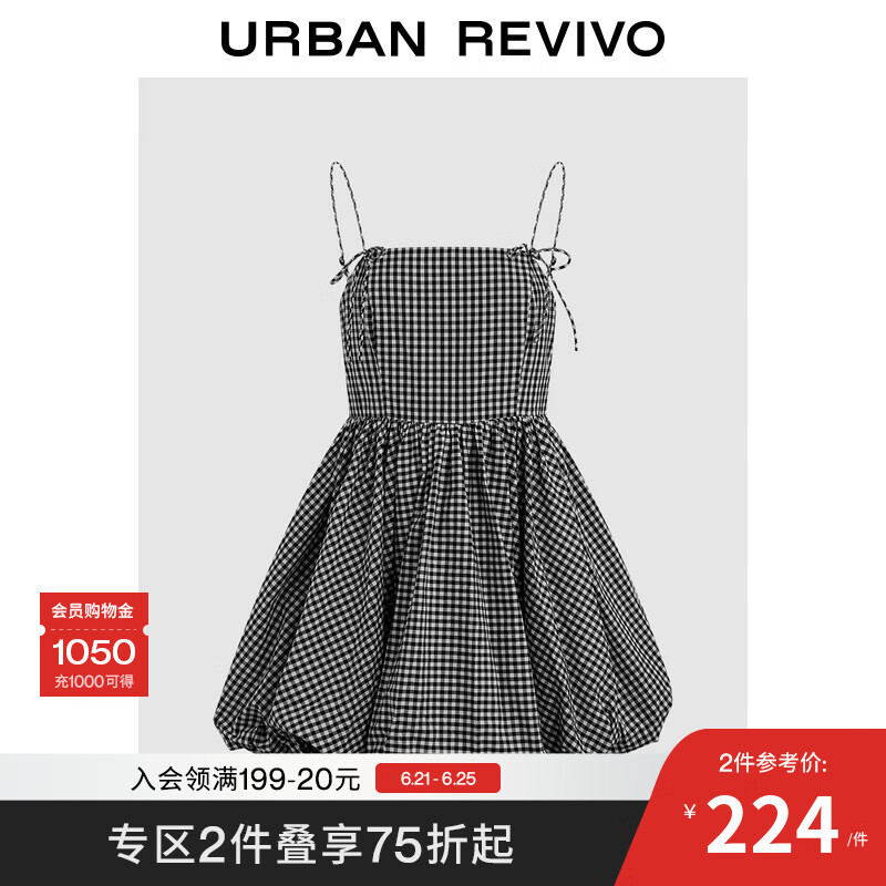 UR2025春季新款女装撞色格纹花苞短款吊带连衣裙UYU750094 黑色格子 S