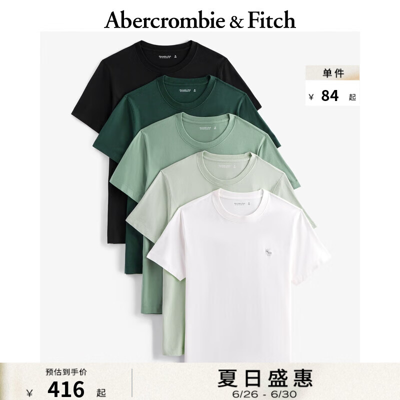 ABERCROMBIE & FITCH男裝女裝情侶裝夏款經(jīng)典小麋鹿5件組合套裝美式短袖T恤329667-1 深綠，淺綠色，綠色，黑色，白色 S (175/92A)