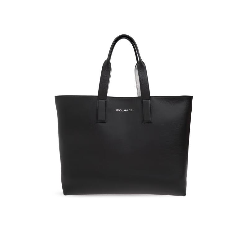 D二次方（DSquared2）男士托特包大容量簡(jiǎn)約商務(wù)手提包金屬logo裝飾商用休閑兩用包 黑色 TU