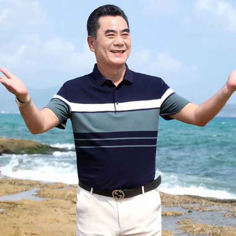 【厂家直供】爸爸夏装短袖t恤中老年人男装丝光棉上衣中年男士休 灰色 185建议180-200斤 均码