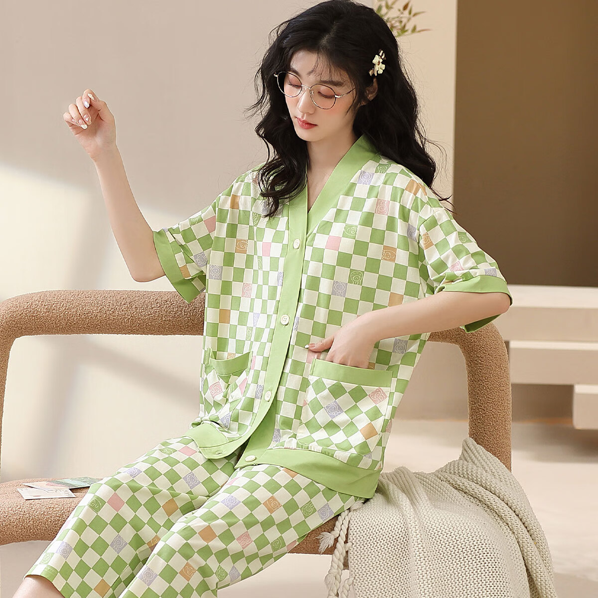 香蜜闺秀GOSO睡衣女长袖宽松舒适可外穿睡衣女士家居服套装 3233002绿色 L